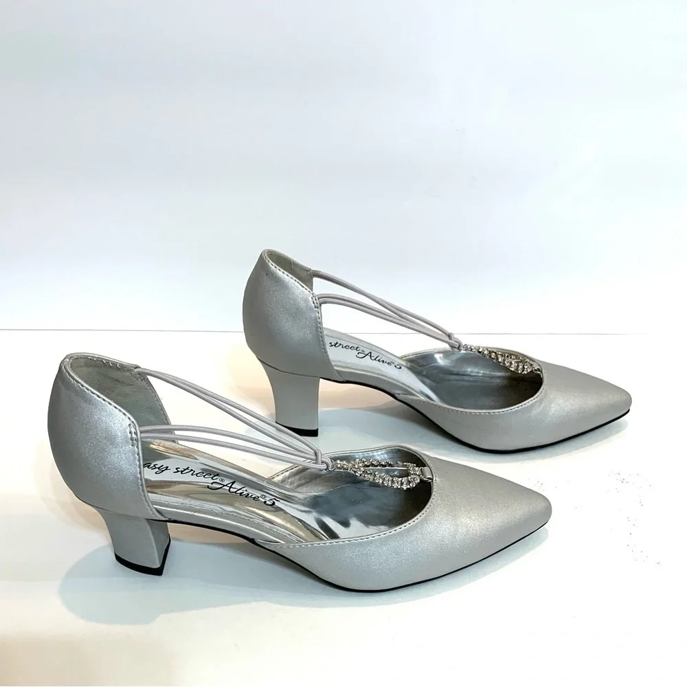 Easy Street Narrow Width Moonlight Pumps Women's 7N Silver Jeweled Strap Slip on
